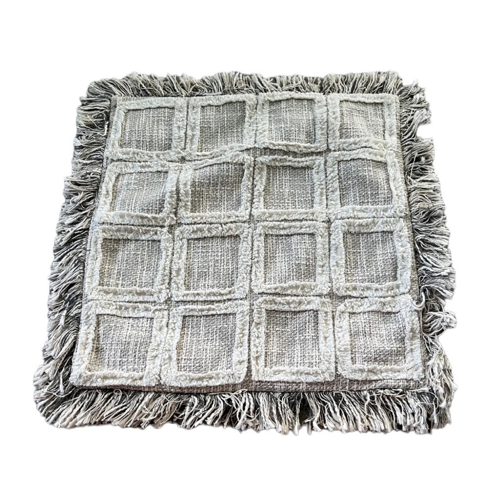 Pier 1 Cream Brown Shag Throw Pillow Cover Square with Fringe Zip